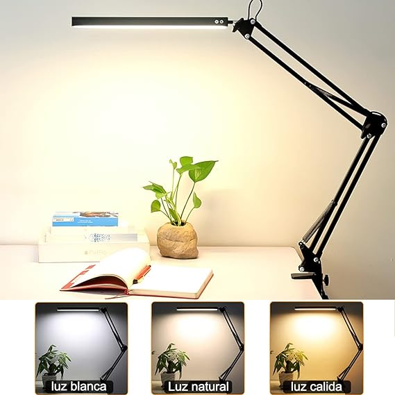 Salandens Lampara de Escritorio, Lampara de Mesa Con Brazo Flexible de 360°, Lampara Led Con 3 Luces Regulables, Blanca, Cálida y Blanca Cálida..