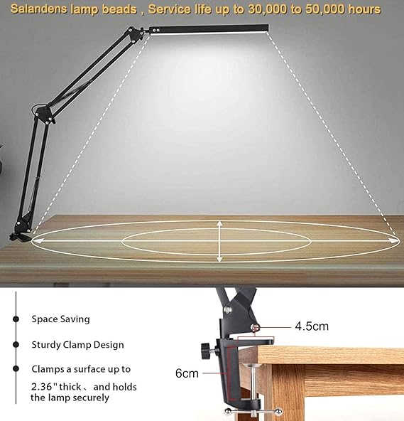 Salandens Lampara de Escritorio, Lampara de Mesa Con Brazo Flexible de 360°, Lampara Led Con 3 Luces Regulables, Blanca, Cálida y Blanca Cálida..