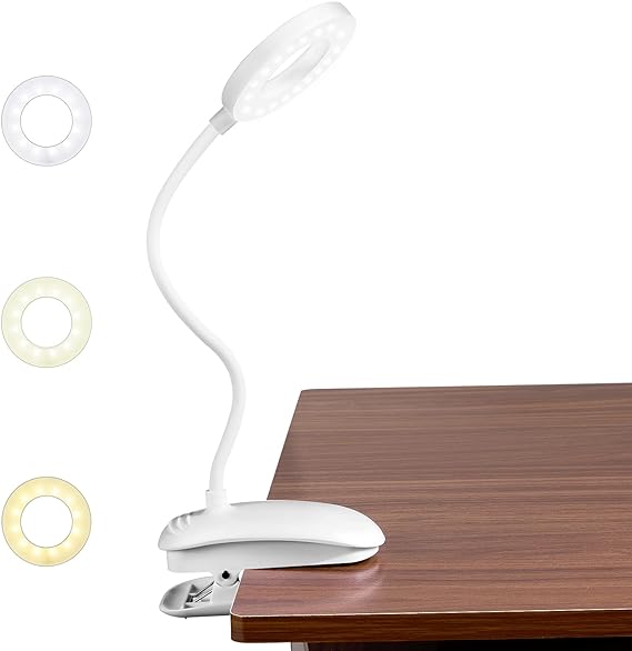 Lámpara de escritorio LED, MTQ Lámparas Clip con 18 LED, Iluminación para Lectura con 2 Modos de USB/Carga, 3 Modos de Luz flexible y Blanco, Clip Ajustable de 360°, Sensible al Tacto de Control