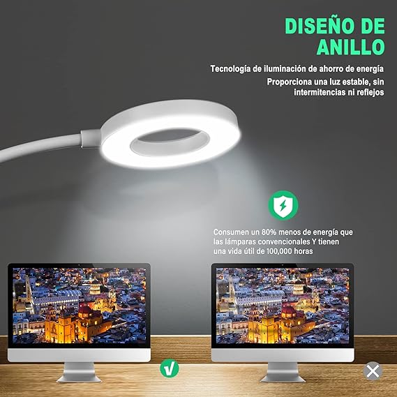 Lámpara de escritorio LED, MTQ Lámparas Clip con 18 LED, Iluminación para Lectura con 2 Modos de USB/Carga, 3 Modos de Luz flexible y Blanco, Clip Ajustable de 360°, Sensible al Tacto de Control