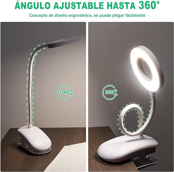 Lámpara de escritorio LED, MTQ Lámparas Clip con 18 LED, Iluminación para Lectura con 2 Modos de USB/Carga, 3 Modos de Luz flexible y Blanco, Clip Ajustable de 360°, Sensible al Tacto de Control