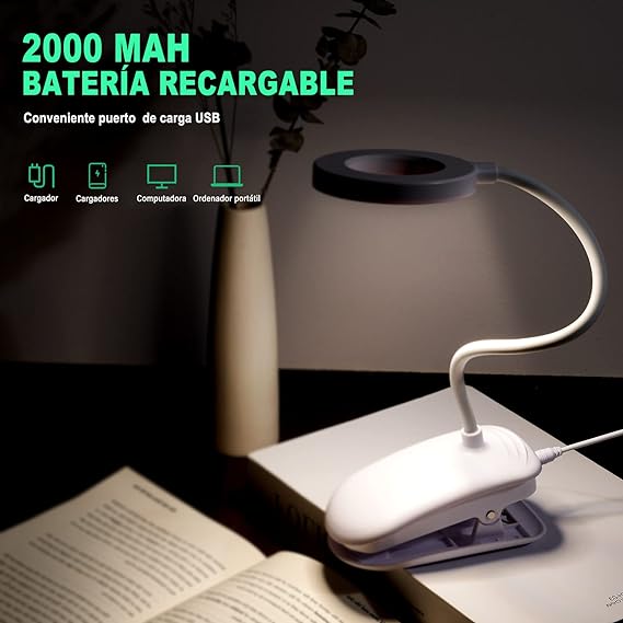 Lámpara de escritorio LED, MTQ Lámparas Clip con 18 LED, Iluminación para Lectura con 2 Modos de USB/Carga, 3 Modos de Luz flexible y Blanco, Clip Ajustable de 360°, Sensible al Tacto de Control