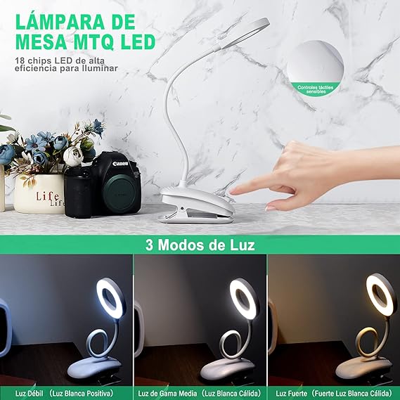 Lámpara de escritorio LED, MTQ Lámparas Clip con 18 LED, Iluminación para Lectura con 2 Modos de USB/Carga, 3 Modos de Luz flexible y Blanco, Clip Ajustable de 360°, Sensible al Tacto de Control