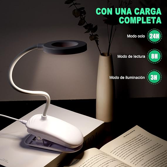 Lámpara de escritorio LED, MTQ Lámparas Clip con 18 LED, Iluminación para Lectura con 2 Modos de USB/Carga, 3 Modos de Luz flexible y Blanco, Clip Ajustable de 360°, Sensible al Tacto de Control