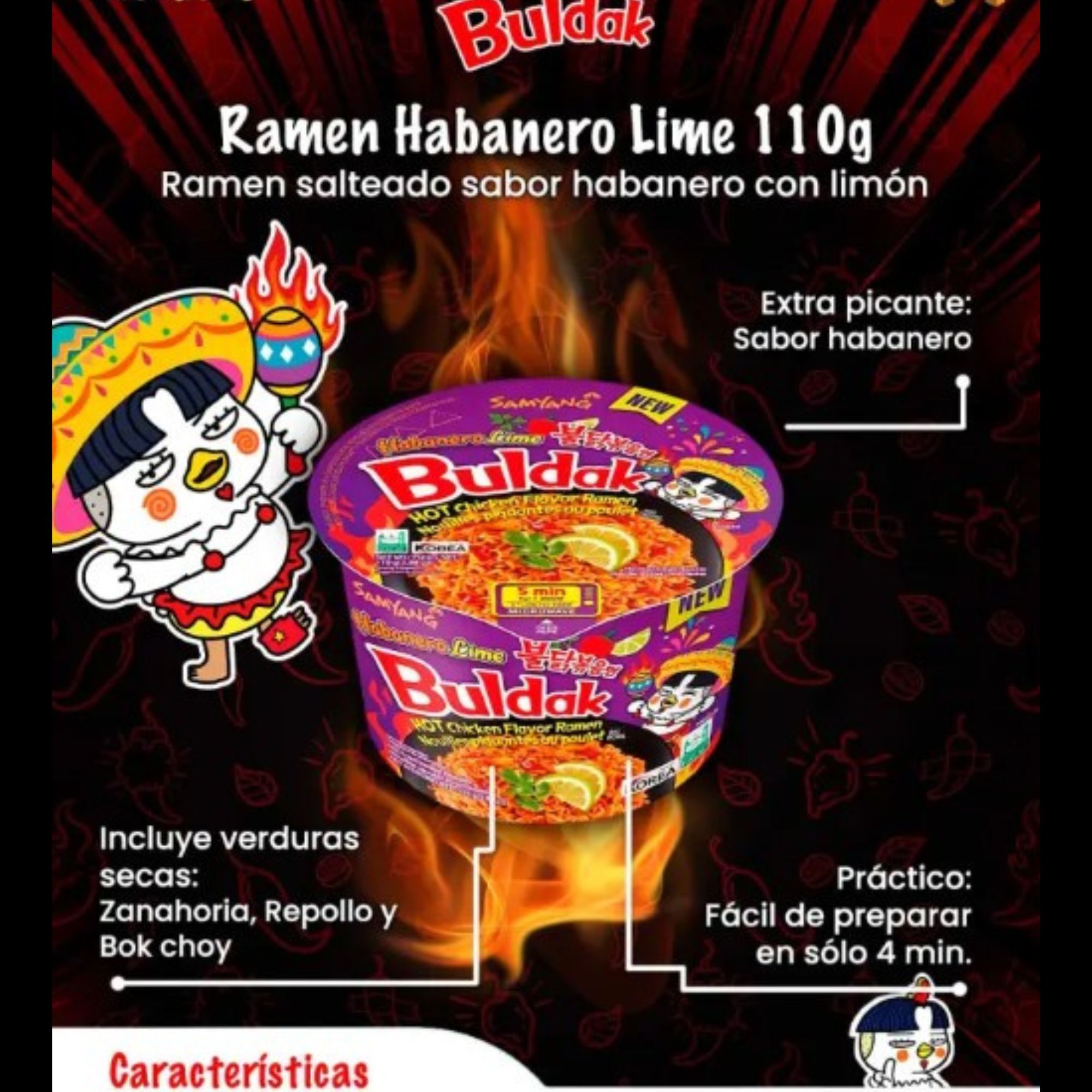 Sopa Instantánea Ramen Coreana Buldak Big Bowl Sabor Habanero de 5 Piezas