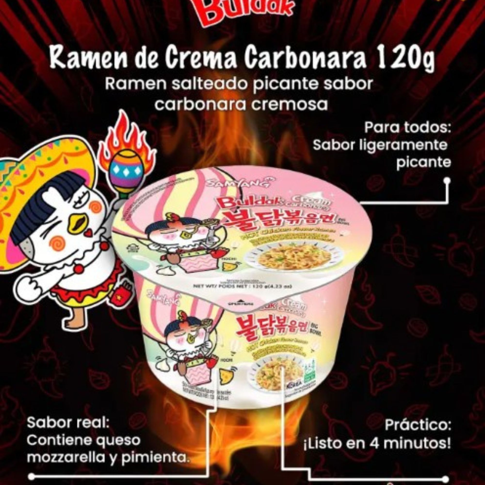 Sopa Instantánea Ramen Coreana Buldak Big Bowl Sabor Cremosa de 16 Piezas