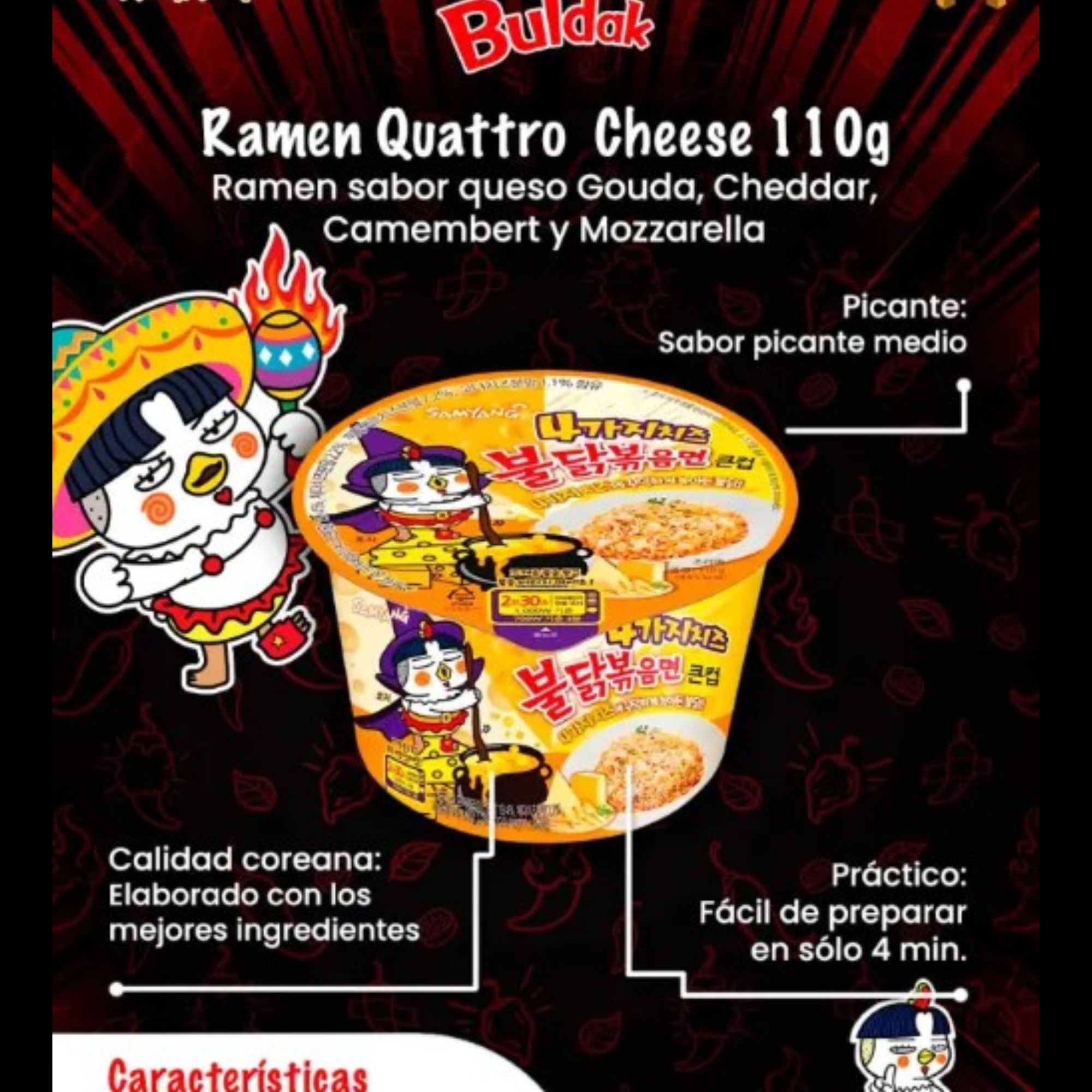 Sopa Instantánea Ramen Coreana Buldak Big Bowl Sabor 4 Quesos de 10 Piezas