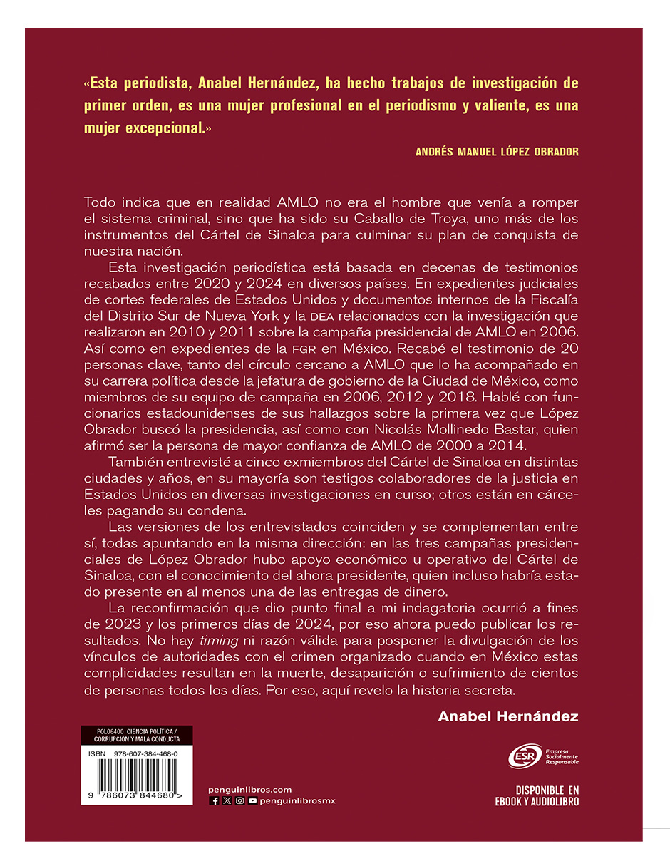 Libro La Historia Secreta Amlo y el cartél de Sinaloa Autor Anabel Hernandez 