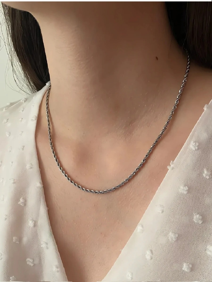Collar para mujer, collar torsal color plata, acero inoxidable
