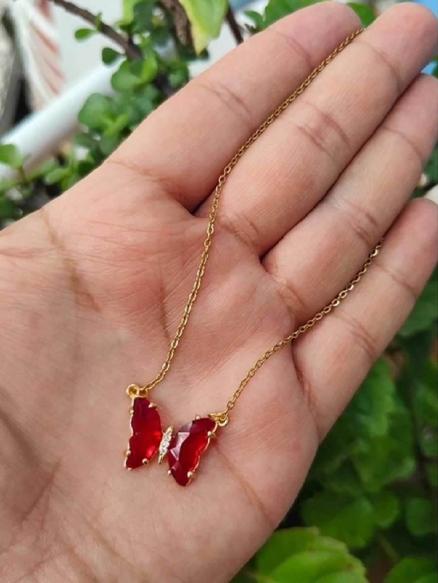 Collar para mujer de mariposa roja, acero inoxidable