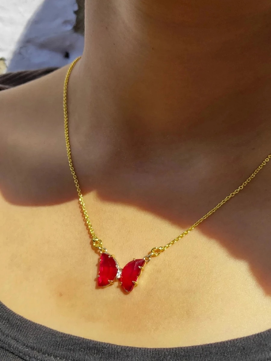 Collar para mujer de mariposa roja, acero inoxidable