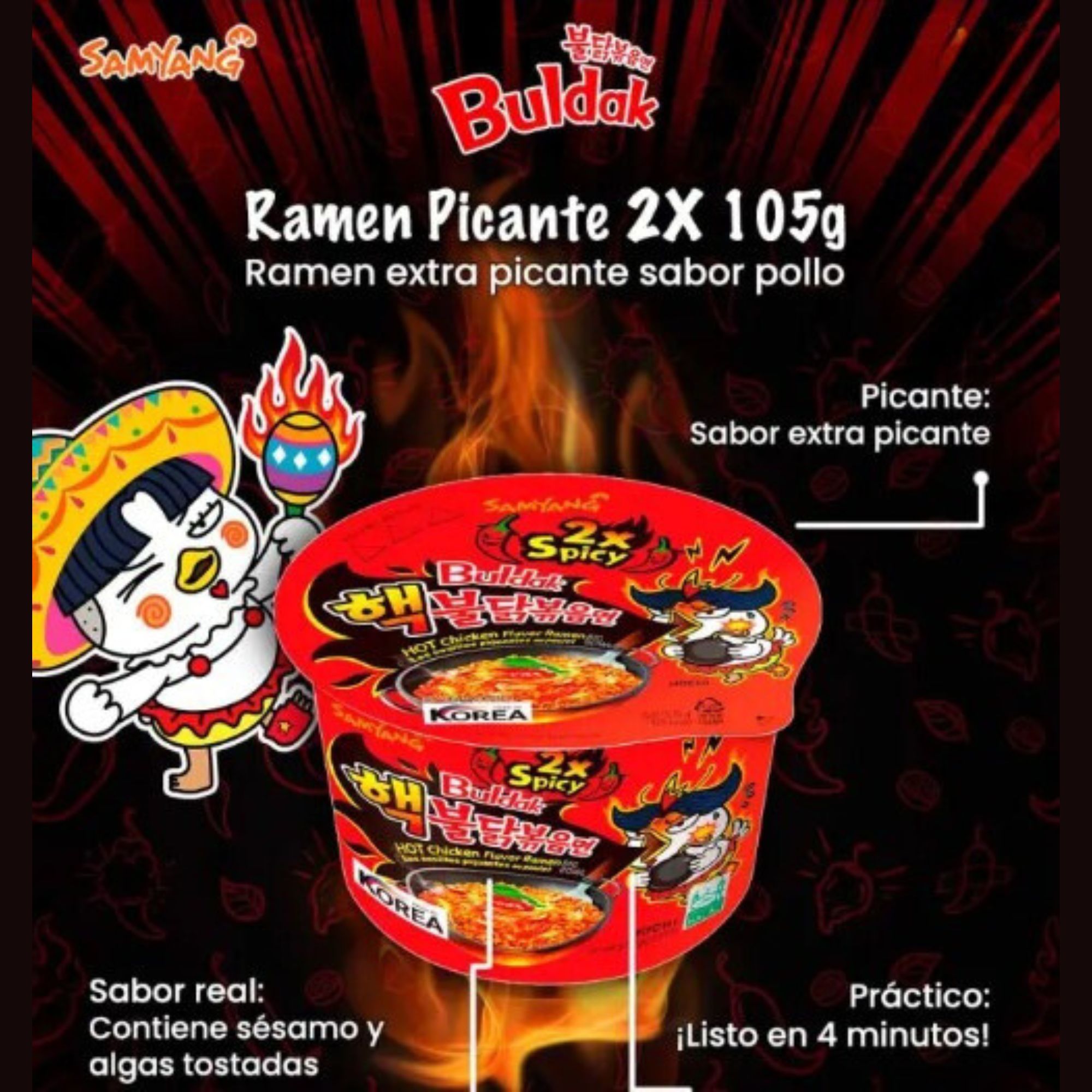 Sopa Instantánea Ramen Coreana Buldak Big Bowl Sabor Doble Picante de 16 Piezas