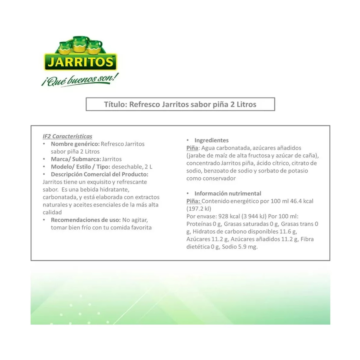 Jarrito Refresco Piña 8 Piezas de 2 Lt c/u