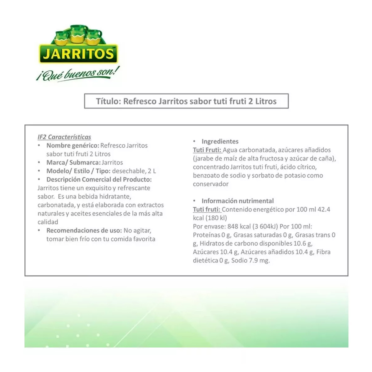 Jarrito Refresco Tutifruti 5 Piezas de 2 Lt c/u