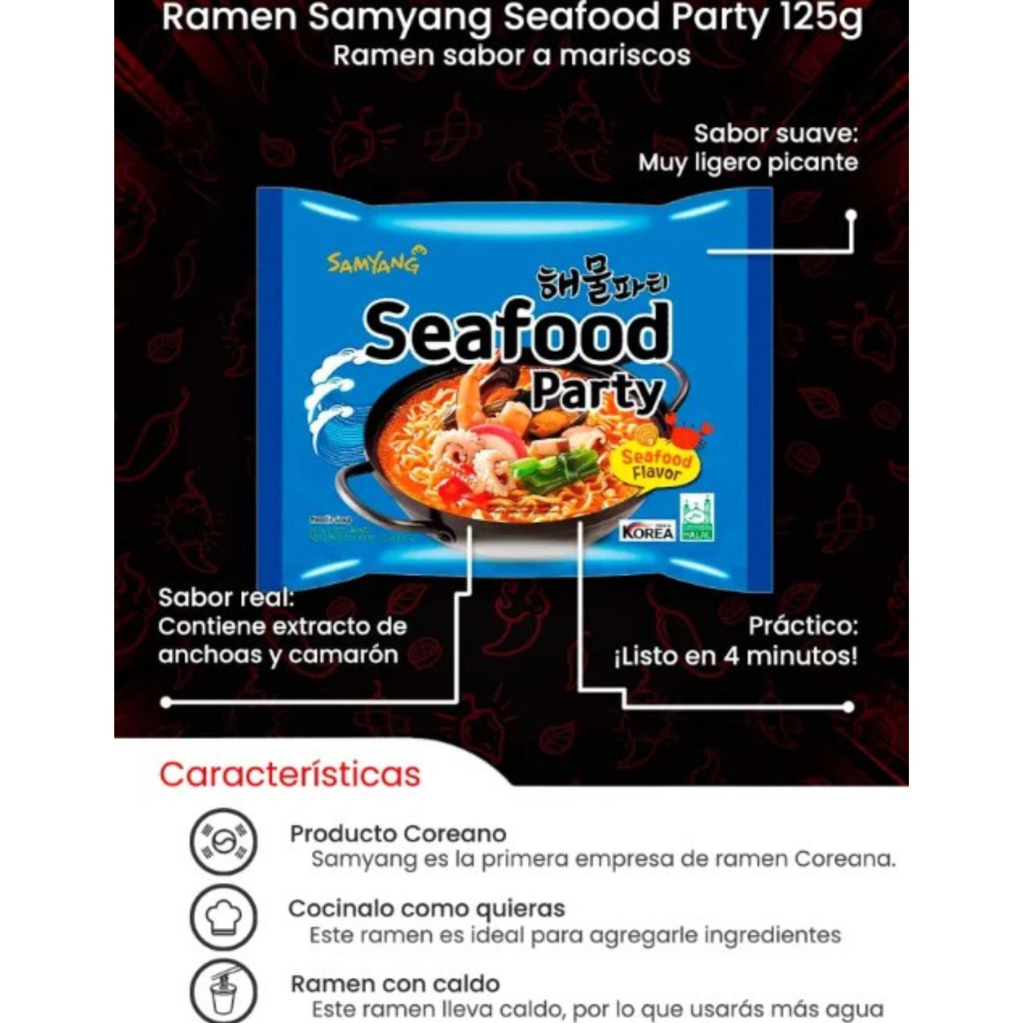 Sopa Instantánea Ramen Coreana Sea Food Party Sabor Caldo de Mariscos de 5 Piezas