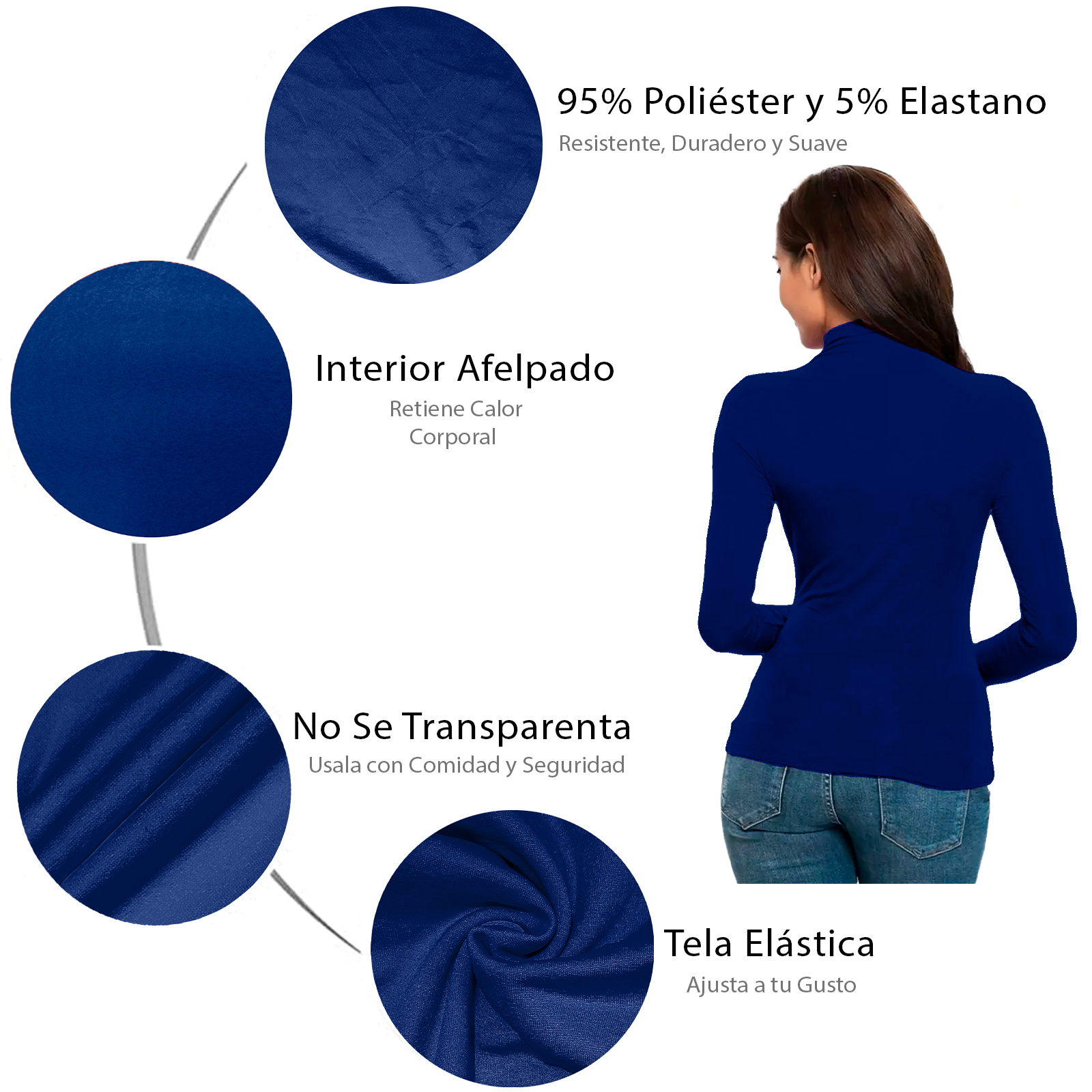 Blusa Termica  Mujer, Azul Marino, Manga Larga, Unitalla, Cuello Alto, Playera, Casual, Basica, Camiseta, Uso Diario