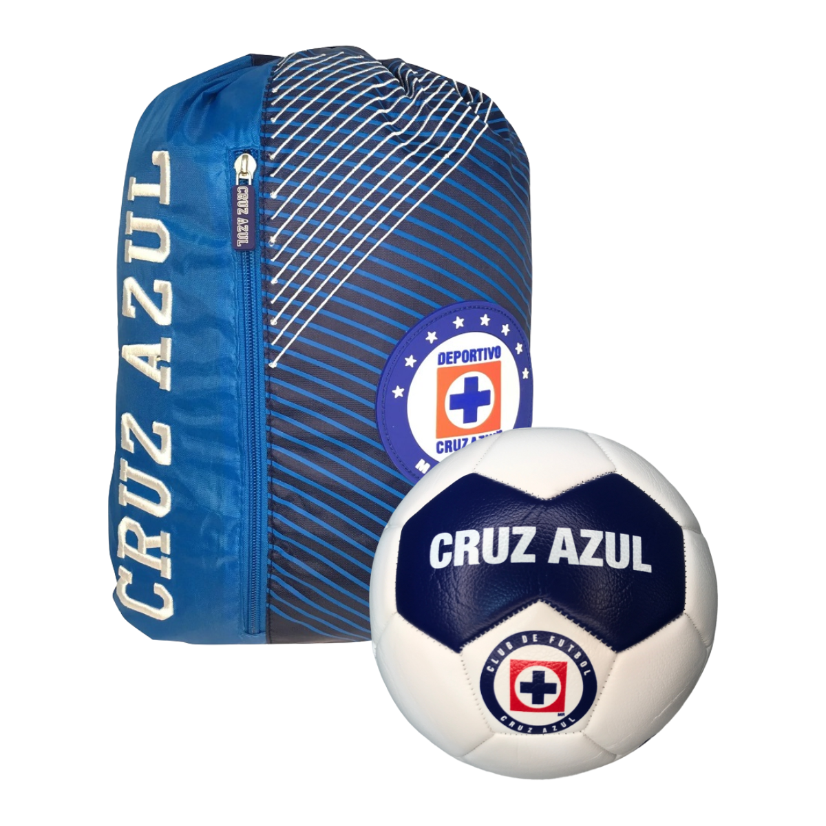 Kit Deportivo Club Cruz Azul con Morral y Balón del No. 05 Azul Marino Rayas