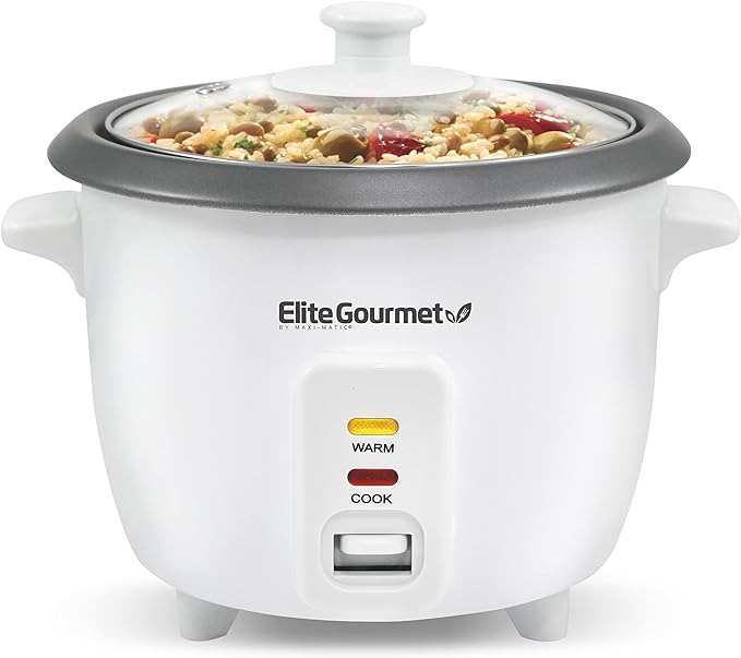 Elite Gourmet ERC-006NST Maxi-Matic - Arrocera eléctrica con olla interior antiadherente que hace sopas, guisos, frijoles, cereales, función de mantener caliente, 6 tazas cocinadas (3 tazas sin cocinar), color blanco