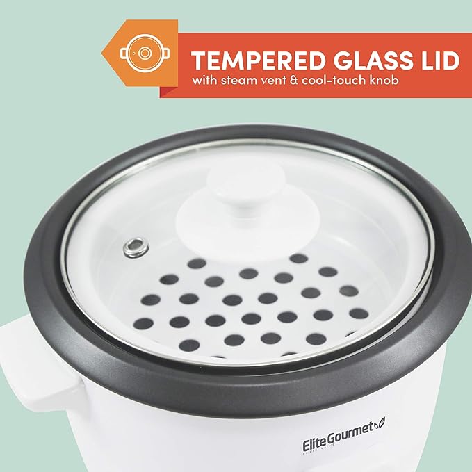 Elite Gourmet ERC-006NST Maxi-Matic - Arrocera eléctrica con olla interior antiadherente que hace sopas, guisos, frijoles, cereales, función de mantener caliente, 6 tazas cocinadas (3 tazas sin cocinar), color blanco