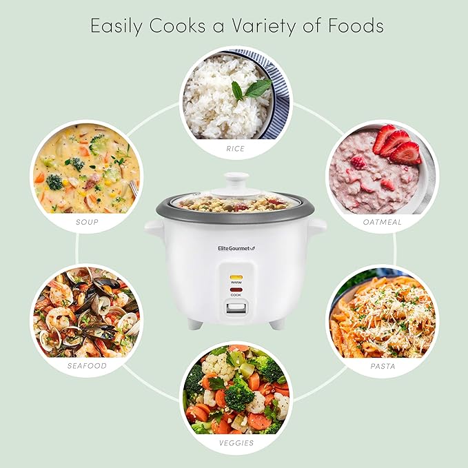 Elite Gourmet ERC-006NST Maxi-Matic - Arrocera eléctrica con olla interior antiadherente que hace sopas, guisos, frijoles, cereales, función de mantener caliente, 6 tazas cocinadas (3 tazas sin cocinar), color blanco