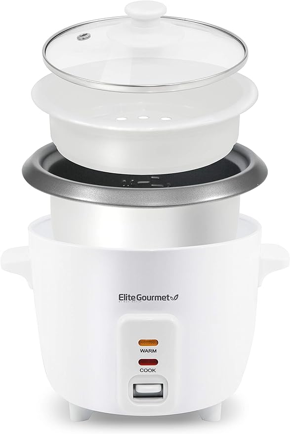 Elite Gourmet ERC-006NST Maxi-Matic - Arrocera eléctrica con olla interior antiadherente que hace sopas, guisos, frijoles, cereales, función de mantener caliente, 6 tazas cocinadas (3 tazas sin cocinar), color blanco