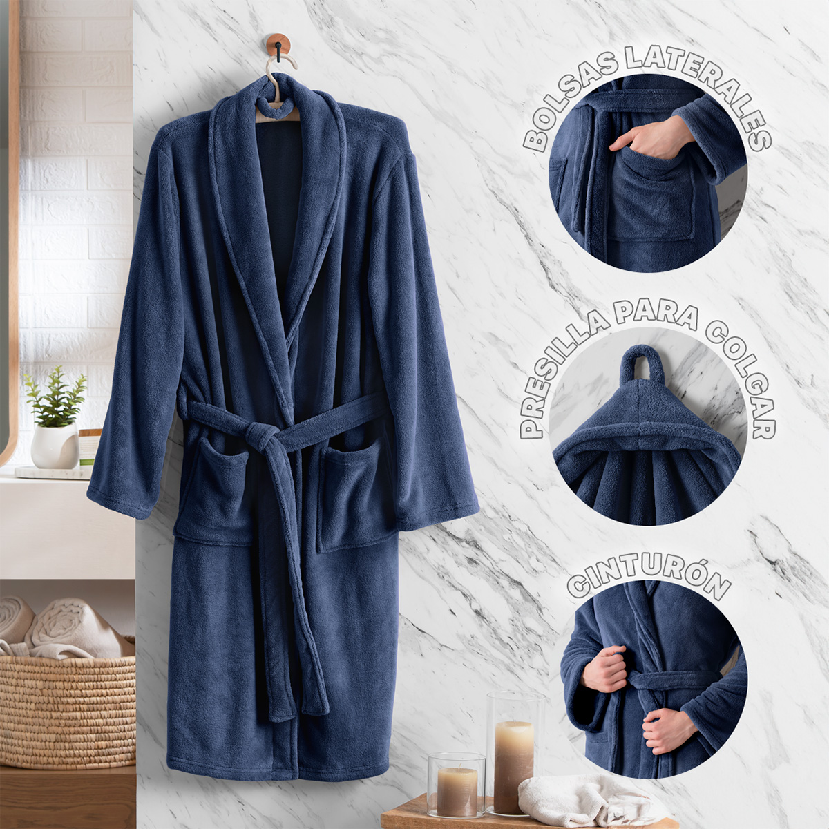 Bata de Baño para Hombre Absorbente Unitalla  Azul Marino REAL TEXTIL.