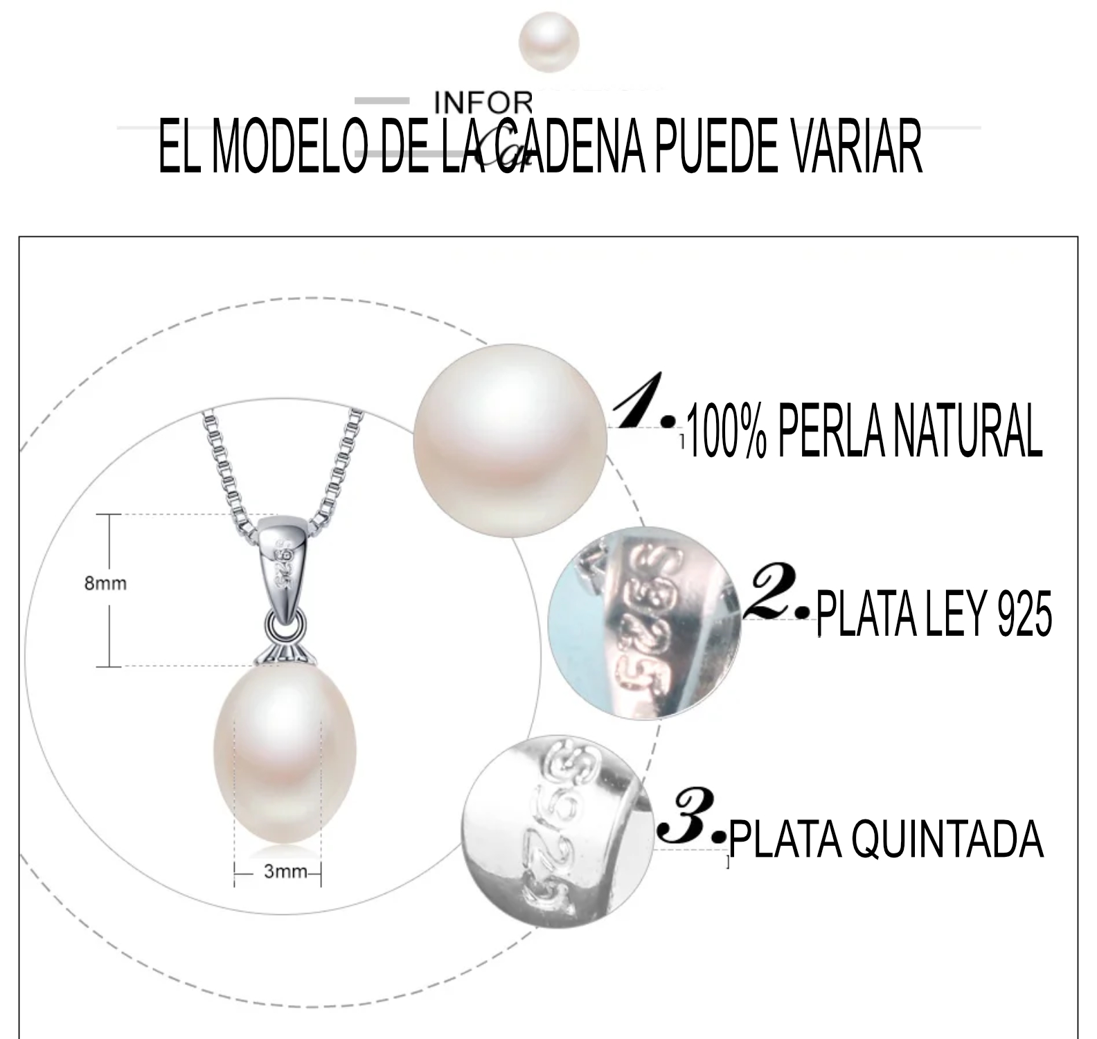 Dije de plata ley 925 y perla natural ovalada AAAA.