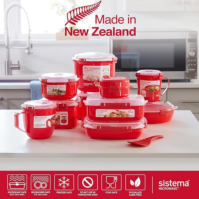 Sistema Arrocera para microondas y vaporizador para Verduras con ventilación de liberación de Vapor, Apto para lavaplatos, Rojo