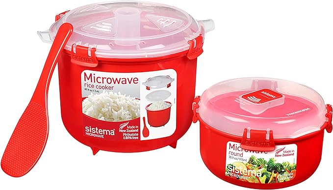 Sistema Arrocera para microondas y vaporizador para Verduras con ventilación de liberación de Vapor, Apto para lavaplatos, Rojo