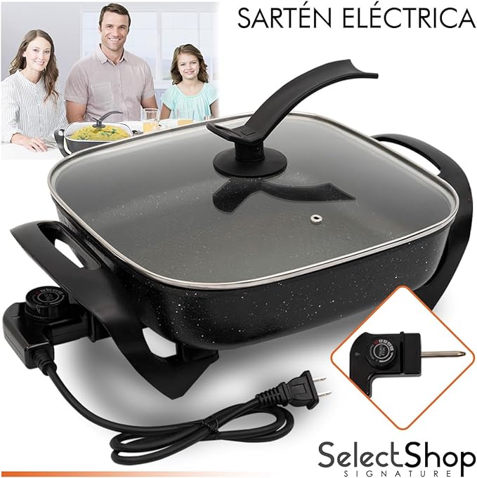 SELECTSHOP Sarten Electrico, Sartén Antiadherente, Tapa de Vidrio, Sartén Ahorrador con Autoapagado, Sarten Electrica con Termostato y Control de Temperatura