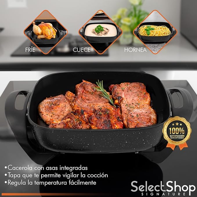 SELECTSHOP Sarten Electrico, Sartén Antiadherente, Tapa de Vidrio, Sartén Ahorrador con Autoapagado, Sarten Electrica con Termostato y Control de Temperatura