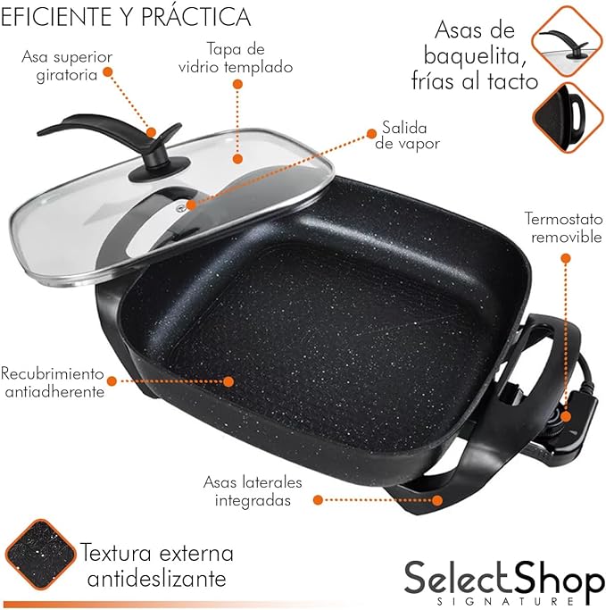SELECTSHOP Sarten Electrico, Sartén Antiadherente, Tapa de Vidrio, Sartén Ahorrador con Autoapagado, Sarten Electrica con Termostato y Control de Temperatura