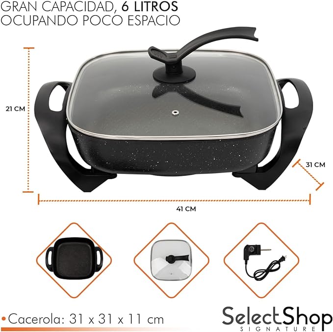 SELECTSHOP Sarten Electrico, Sartén Antiadherente, Tapa de Vidrio, Sartén Ahorrador con Autoapagado, Sarten Electrica con Termostato y Control de Temperatura