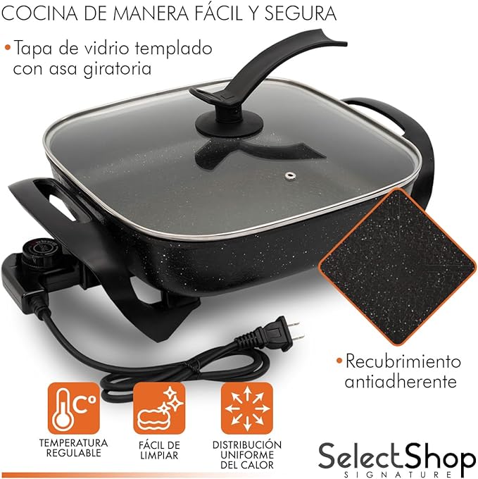 SELECTSHOP Sarten Electrico, Sartén Antiadherente, Tapa de Vidrio, Sartén Ahorrador con Autoapagado, Sarten Electrica con Termostato y Control de Temperatura