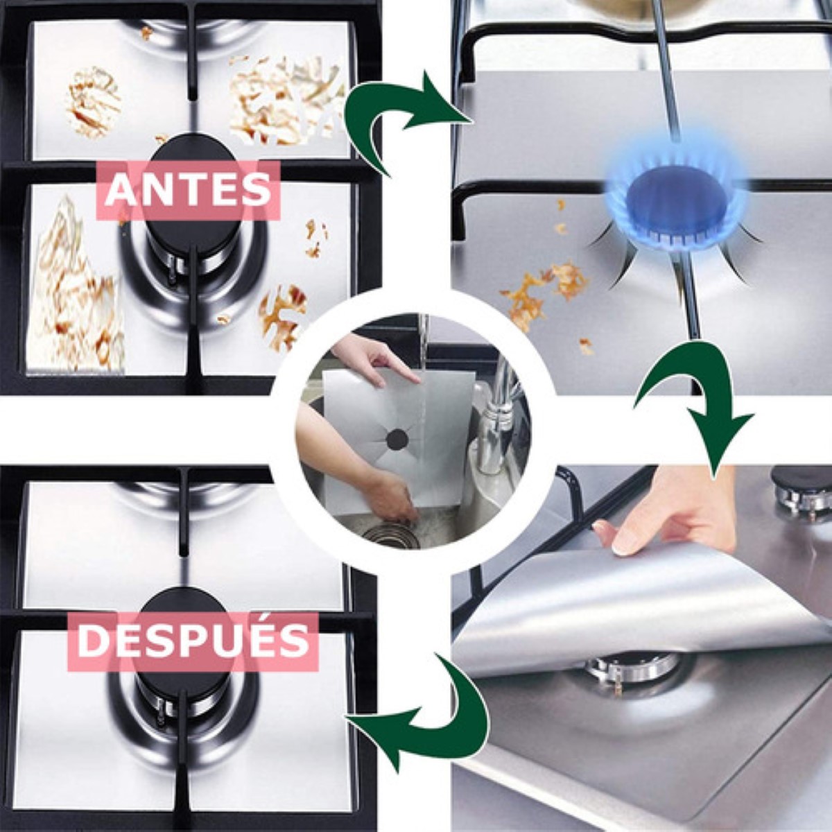 "6 Protector De Estufa Quemador Lavables Teflon Reutilizable plata "