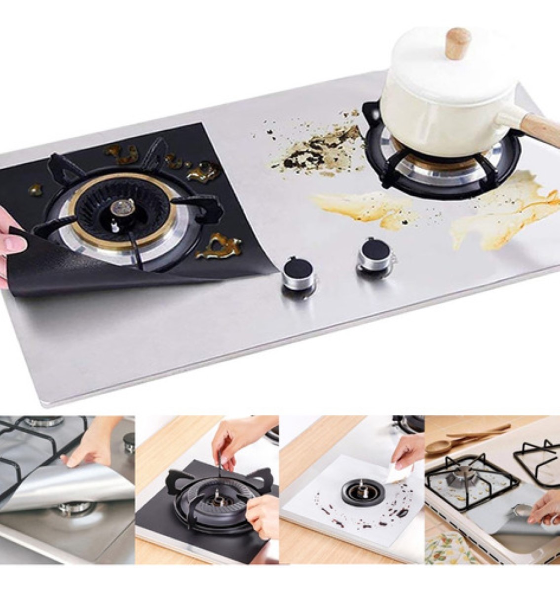 "6 Protector De Estufa Quemador Lavables Teflon Reutilizable plata "