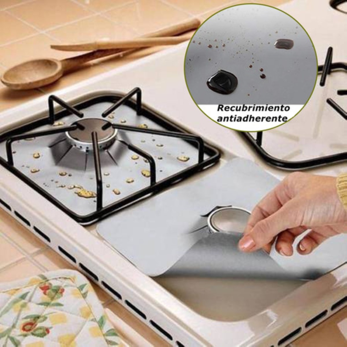 "6 Protector De Estufa Quemador Lavables Teflon Reutilizable plata "