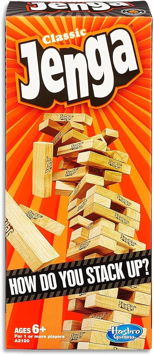A Hasbro Jenga Juego de Mesa original de bloques de madera para adultos, y niños y niñas a partir de los 6 años para 1 o más jugadores.