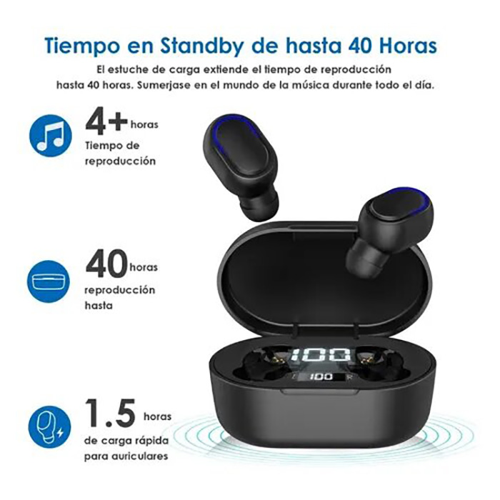 Manos Libres Bluetooth Inalámbricos Chícharo Estuche TWS 1Hora AUT114 Negro.