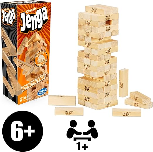 A Hasbro Jenga Juego de Mesa original de bloques de madera para adultos, y niños y niñas a partir de los 6 años para 1 o más jugadores.