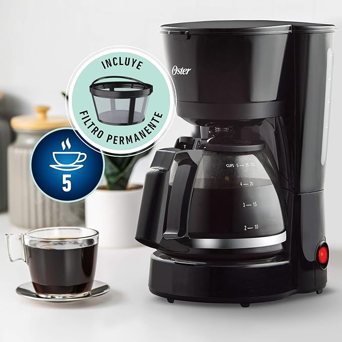 A Oster® Cafetera, de 5 Tazas, con Filtro Permanente, Negro.