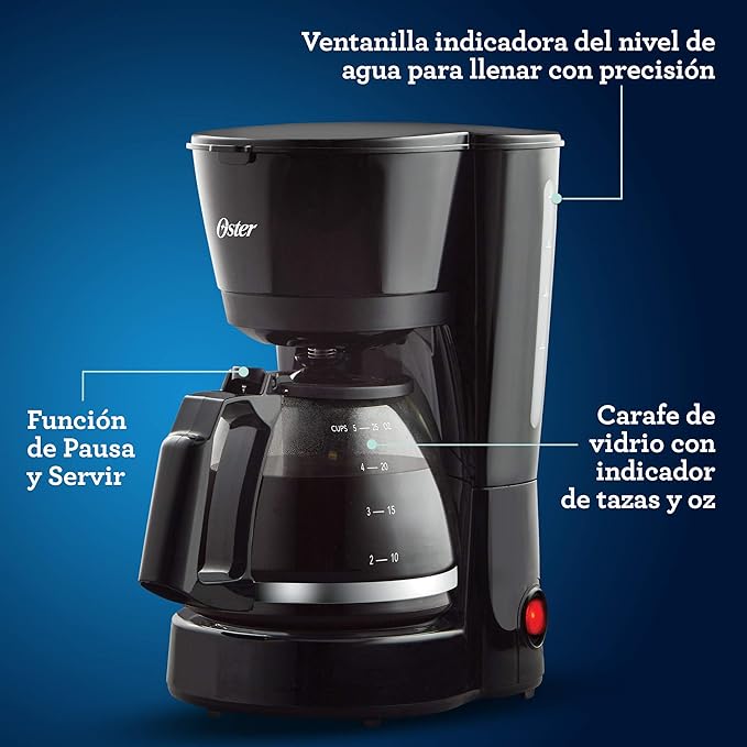 A Oster® Cafetera, de 5 Tazas, con Filtro Permanente, Negro.