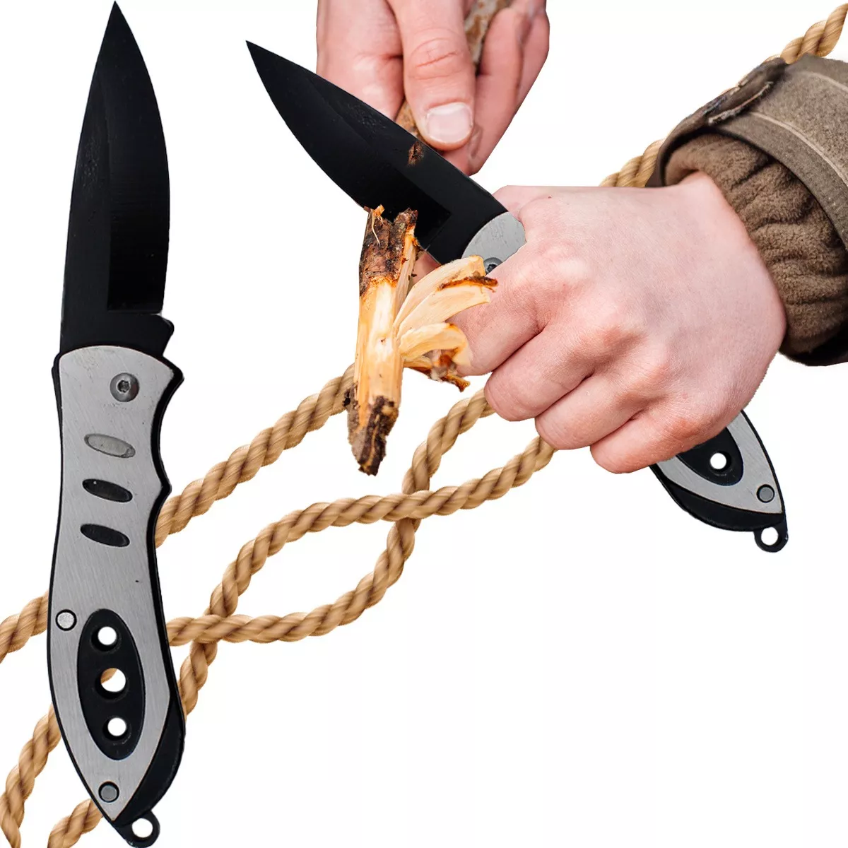 Cuchillo Navaja Tactica Supervivencia Militar Negro Plata