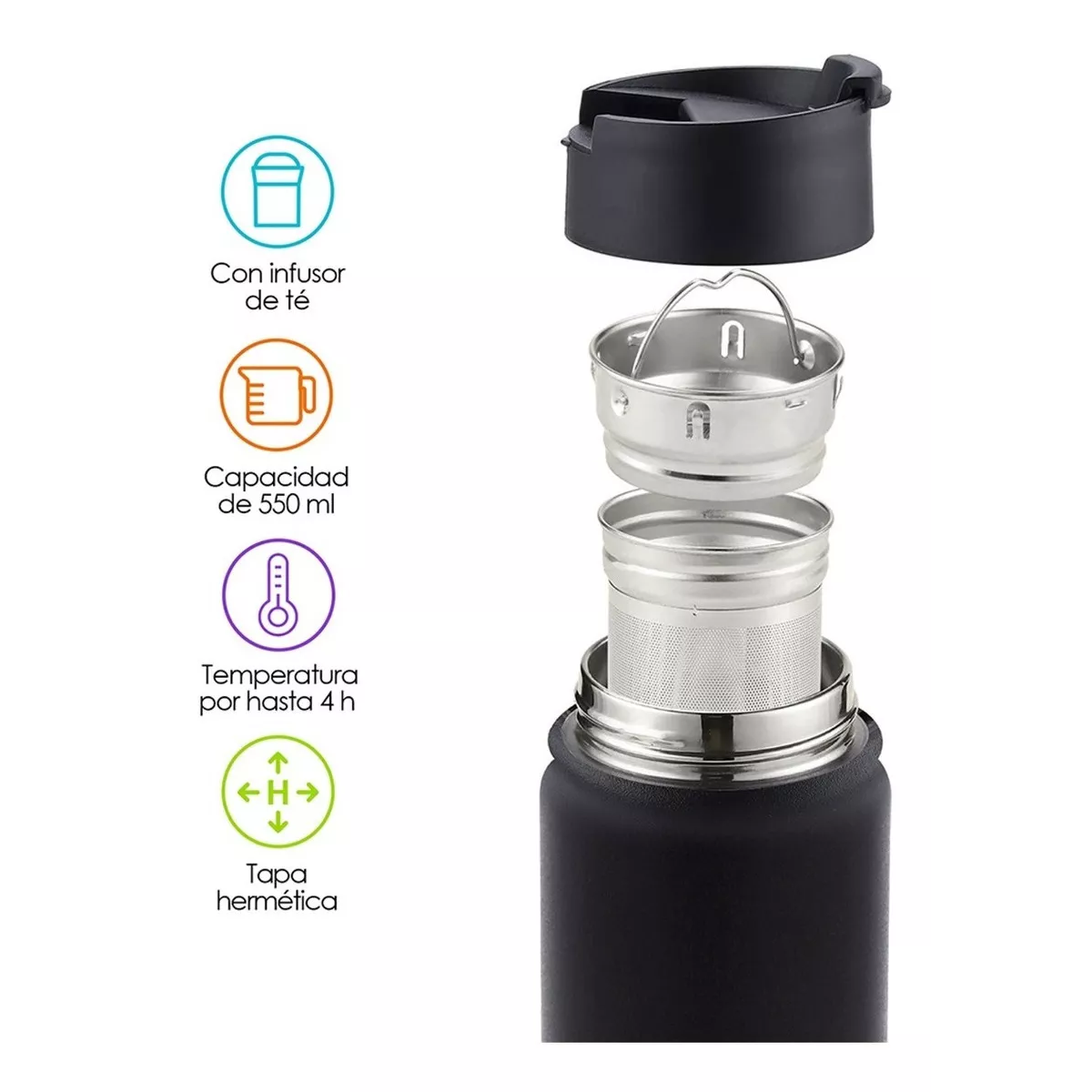 Termo de Acero Inoxidable con Infusor de Té (550 ml) Negro