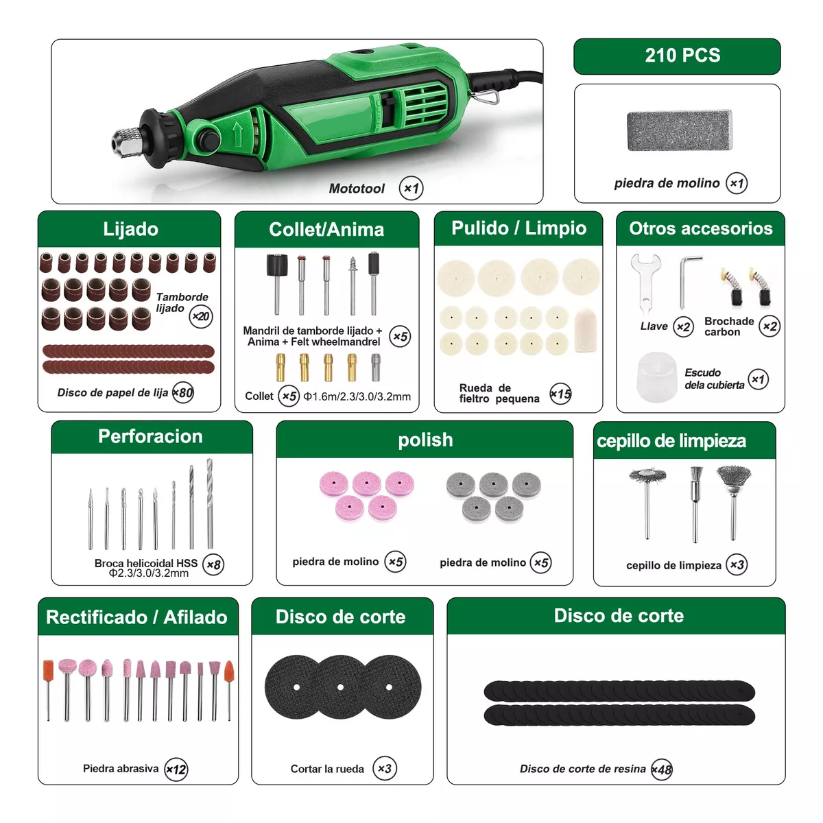 Mini Taladro Mototool Esmeril  Accesorios 210 Piezas