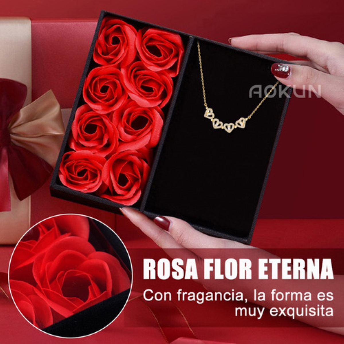 Flores Rosas Eternas Y Collar Cuatro Tréboles Regalo
