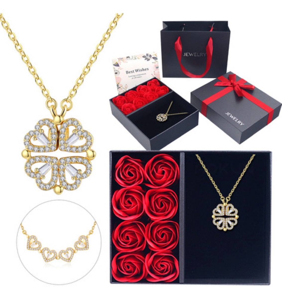 Flores Rosas Eternas Y Collar Cuatro Tréboles Regalo