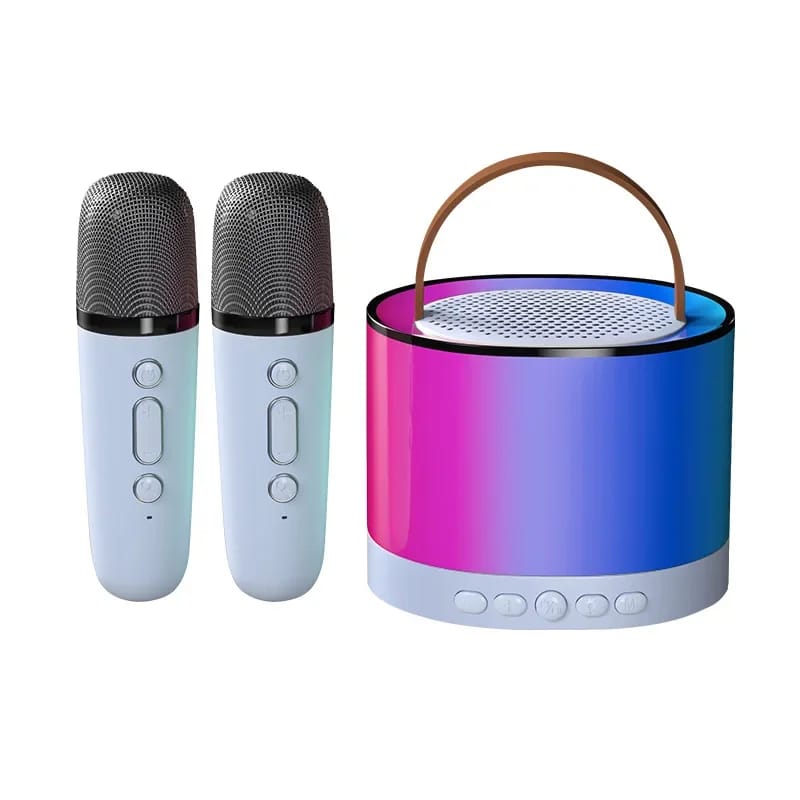 Mini bocina con dos microfonos karaoke con bluetooth.