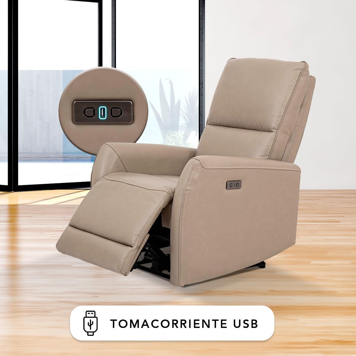 Sillón Reclinable Eléctrico Modelo Jermell de Piel color Beige