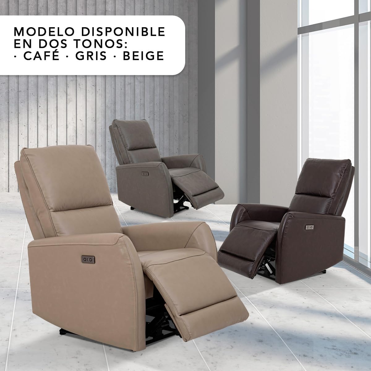 Sillón Reclinable Eléctrico Modelo Jermell de Piel color Beige